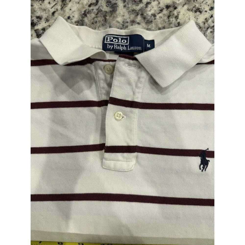 Polo Ralph Lauren Men’s Striped Polo Shirt Maroon And Cream Logo Size Medium